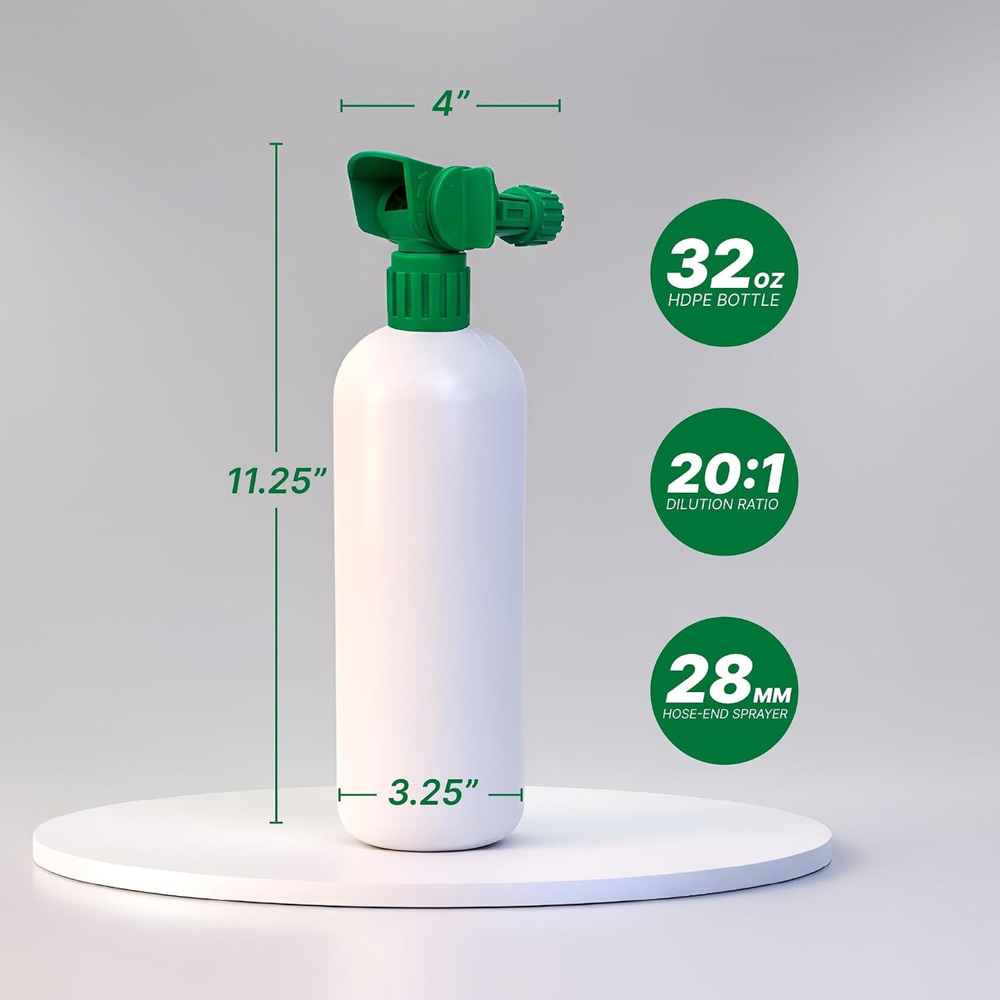 32 oz HDPE bottle dimensions: 11.25 inch height, 3.25 inch base, 20:1 ratio, 28mm finish