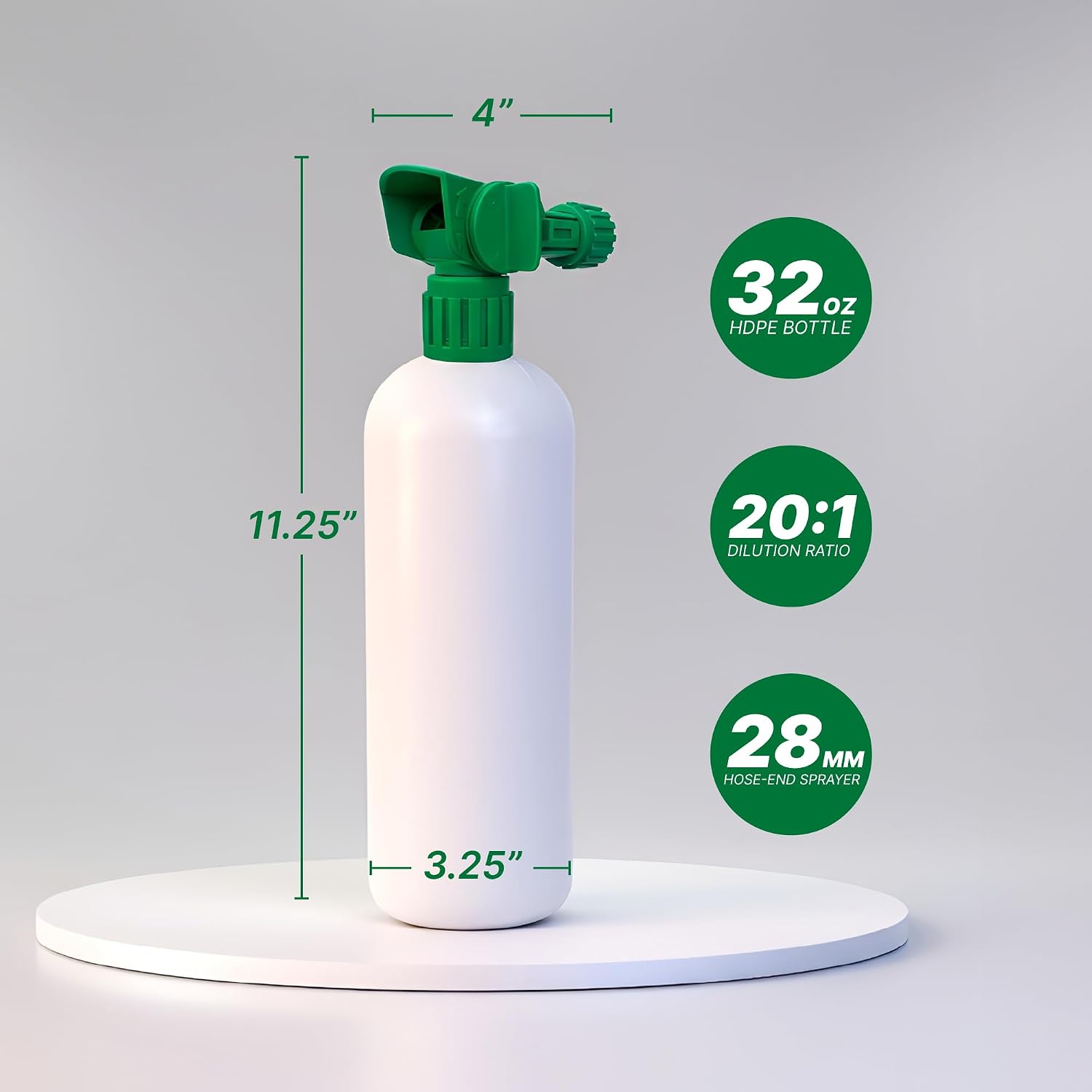 32 oz HDPE bottle dimensions: 11.25 inch height, 3.25 inch base, 20:1 ratio, 28mm finish