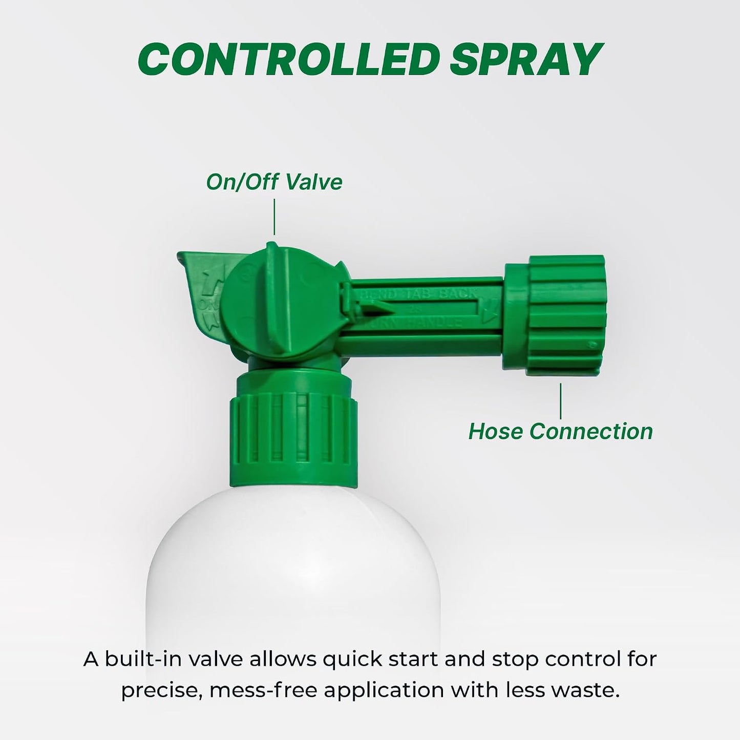 Controlled spray with built-in on/off valve and hose connection