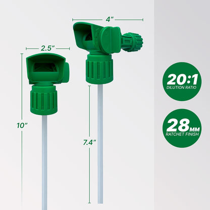 Sprayer dimensions: 10 inch height, 2.5 inch head, 20:1 dilution ratio, 28mm ratchet finish